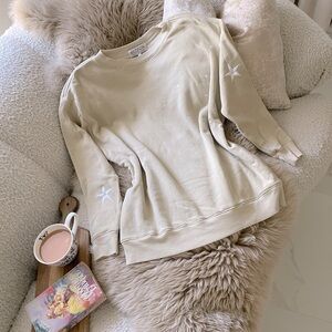 Wildfox Roadtrip Sweater ⭐️ White Stars Embroidered Sweatshirt Tan Taupe Beige
